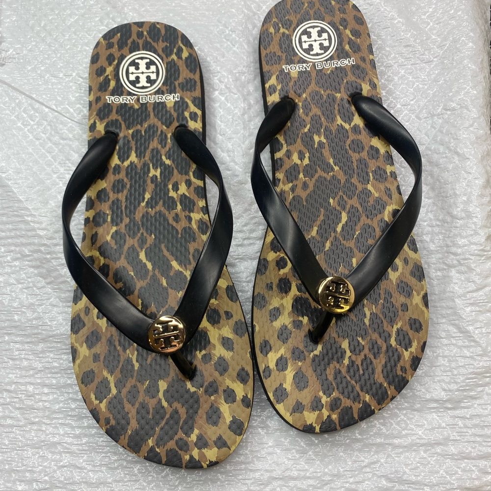 Tory Burch Leopard-Print Flip Flops with Black Straps and Gold Logo